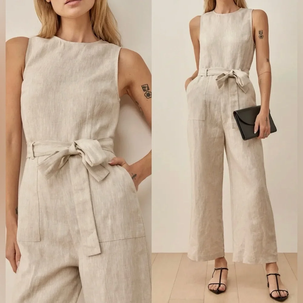 NEW Reformation Naomi Linen Belted Jumpsuit in Oatmeal sz 4